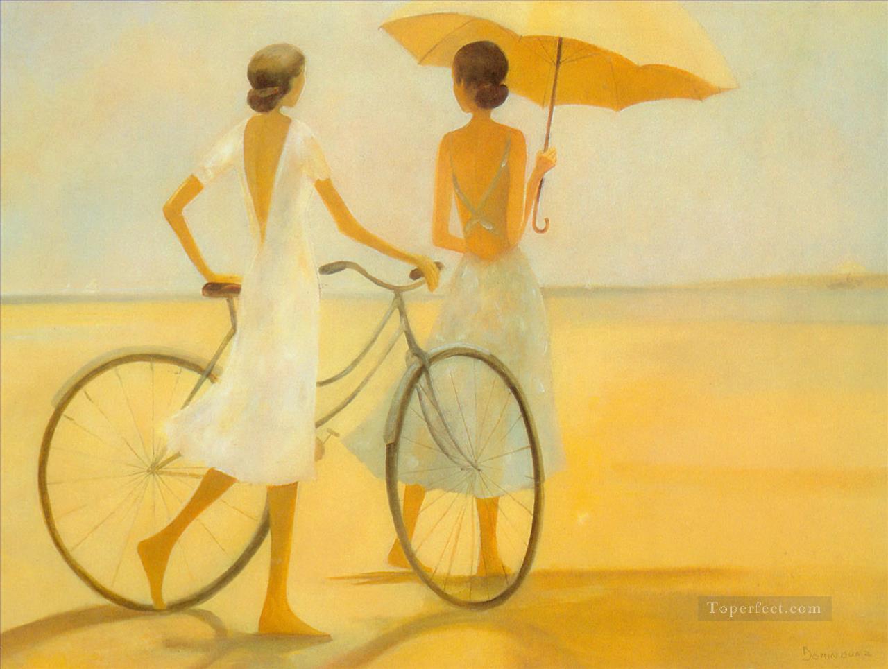 señora con bicicleta en la playa Pintura al óleo